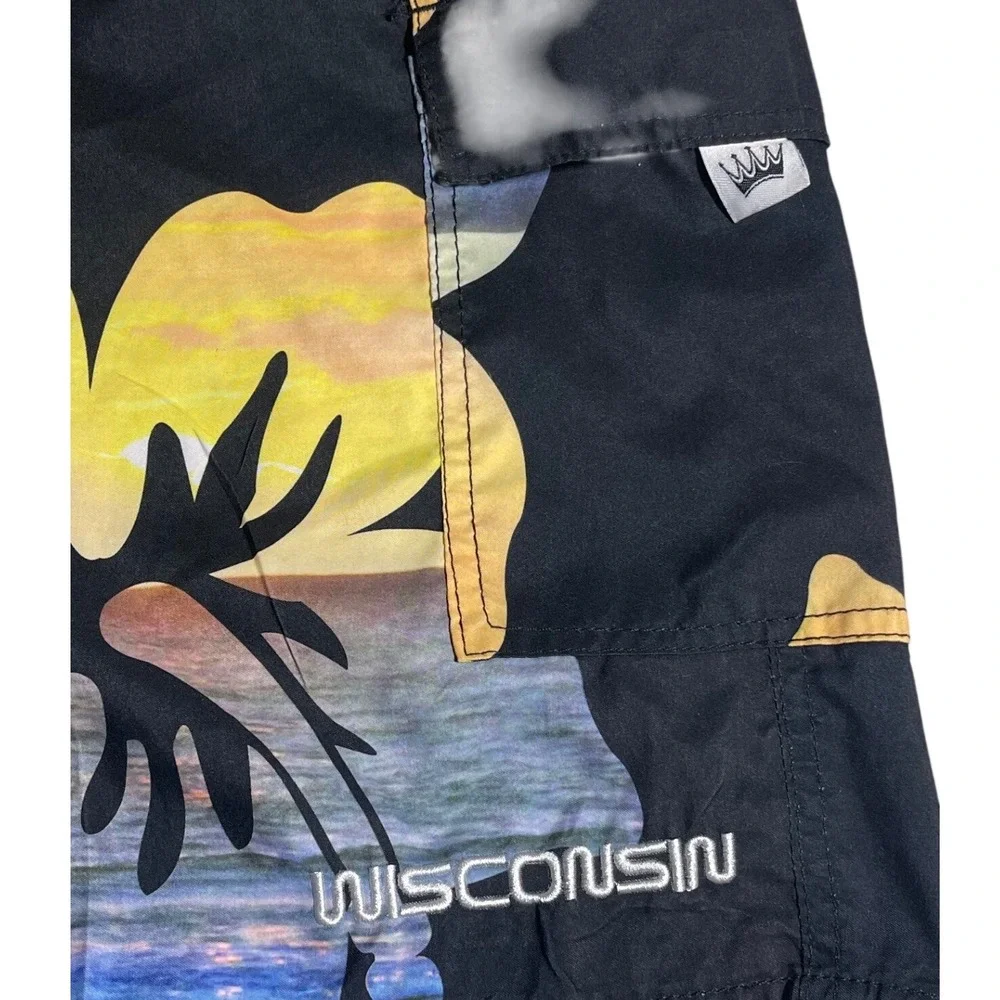 American Crown Mens Wisconsin Tropical Sunset Board Shorts Black 2XL Swim Trunks